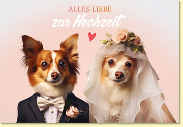 Glückwunschkarte zur Hochzeit mit Hunden im Brautpaar - Look romantische Doppelkarte mit Herz und Blumen für besondere Hochzeitsgrüße
