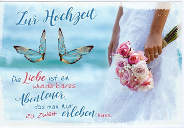 Glückwunschkarte zur Hochzeit mit romantischem Spruch und Schmetterlingen Brautstrauß am Meer stilvolle Hochzeitskarte