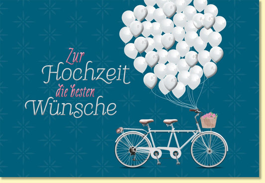Glückwunschkarte zur Hochzeit mit Tandem Fahrrad und Herzballons stilvolle Hochzeitskarte für persönliche Wünsche