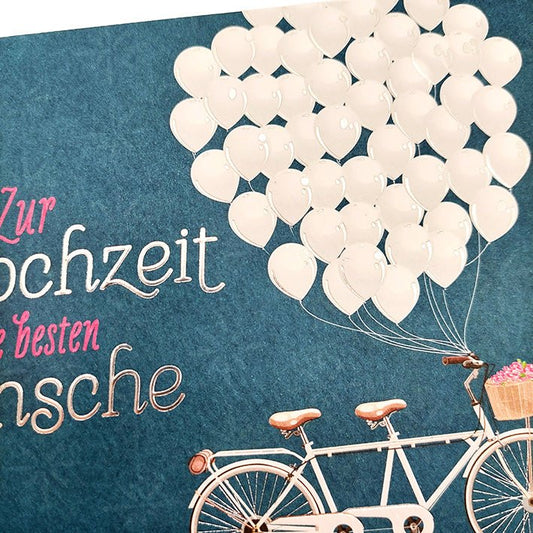 Glückwunschkarte zur Hochzeit mit Tandem Fahrrad und Herzballons stilvolle Hochzeitskarte für persönliche Wünsche