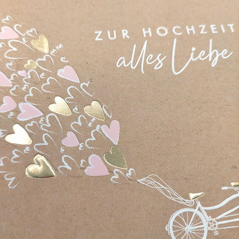 Glückwunschkarte zur Hochzeit mit Tandem und Herzmotiven auf Kraftpapier romantische Hochzeitskarte alles Liebe zur Vermählung