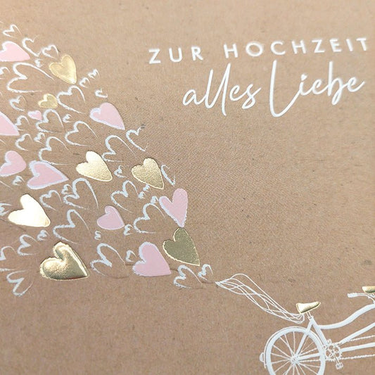 Glückwunschkarte zur Hochzeit mit Tandem und Herzmotiven auf Kraftpapier romantische Hochzeitskarte alles Liebe zur Vermählung