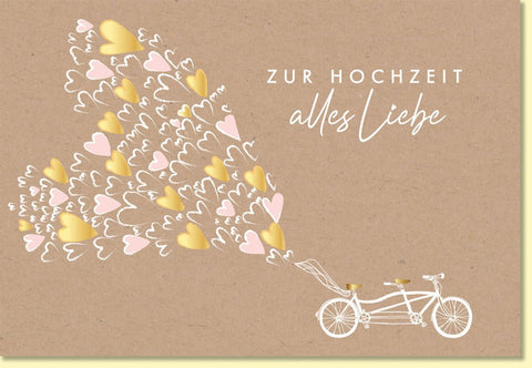 Glückwunschkarte zur Hochzeit mit Tandem und Herzmotiven auf Kraftpapier romantische Hochzeitskarte alles Liebe zur Vermählung