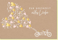 Glückwunschkarte zur Hochzeit mit Tandem und Herzmotiven auf Kraftpapier romantische Hochzeitskarte alles Liebe zur Vermählung