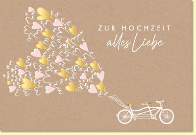 Glückwunschkarte zur Hochzeit mit Tandem und Herzmotiven auf Kraftpapier romantische Hochzeitskarte alles Liebe zur Vermählung