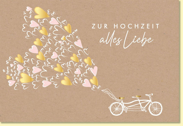 Glückwunschkarte zur Hochzeit mit Tandem und Herzmotiven auf Kraftpapier romantische Hochzeitskarte alles Liebe zur Vermählung