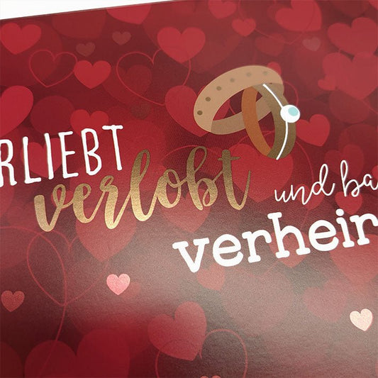 Glückwunschkarte zur Hochzeit verliebt verlobt bald verheiratet Doppelkarte mit Herzen und Ring modernes Design Hochzeitskarte
