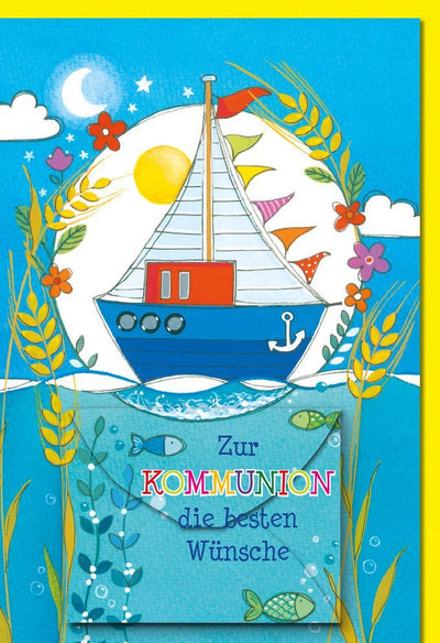 Glückwunschkarte zur Kommunion für Jungen - Segelschiff & Meer Design, Blaue Karte zur Erstkommunion mit maritimem Flair