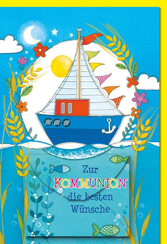 Glückwunschkarte zur Kommunion für Jungen - Segelschiff & Meer Design, Blaue Karte zur Erstkommunion mit maritimem Flair