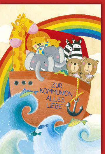 Glückwunschkarte zur Kommunion mit Arche Noah Motiv und Tieren bunte Regenbogen Doppelkarte für Kinder zur Erstkommunion
