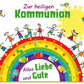 Glückwunschkarte zur Kommunion mit buntem Regenbogen fröhlichen Kindern Sonne und Vögeln liebevolle Doppelkarte für Erstkommunion