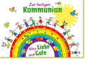 Glückwunschkarte zur Kommunion mit buntem Regenbogen fröhlichen Kindern Sonne und Vögeln liebevolle Doppelkarte für Erstkommunion