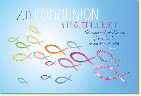 Glückwunschkarte zur Kommunion mit bunten Fischen und Segenswünschen christliche Doppelkarte für Kinder religiöse Karte