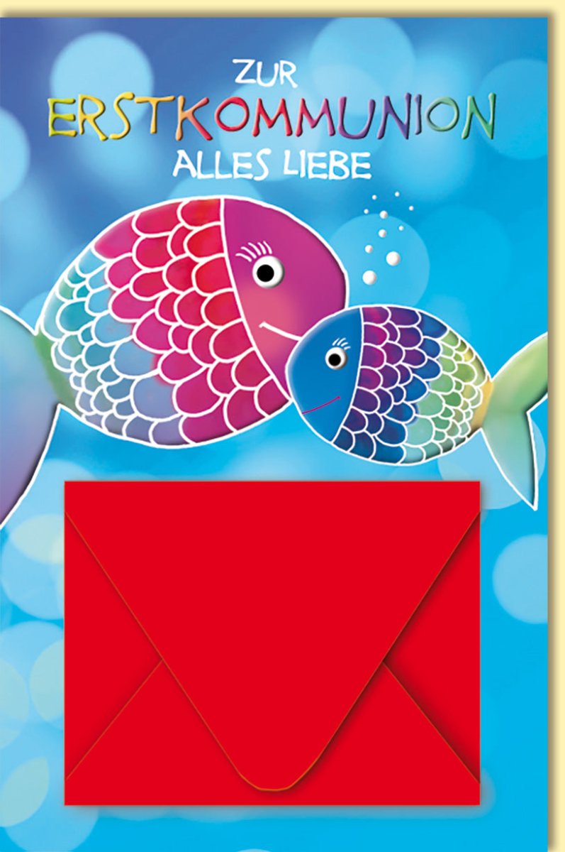 Glückwunschkarte zur Kommunion mit bunten Fischen und Umschlag liebevolle Doppelkarte Erstkommunion für Kinder kirchliche Feier