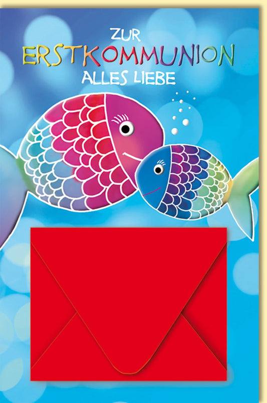 Glückwunschkarte zur Kommunion mit bunten Fischen und Umschlag liebevolle Doppelkarte Erstkommunion für Kinder kirchliche Feier