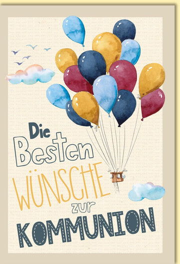 Glückwunschkarte zur Kommunion mit bunten Luftballons und Wolken liebevoll gestaltet für besondere Wünsche zur Erstkommunion