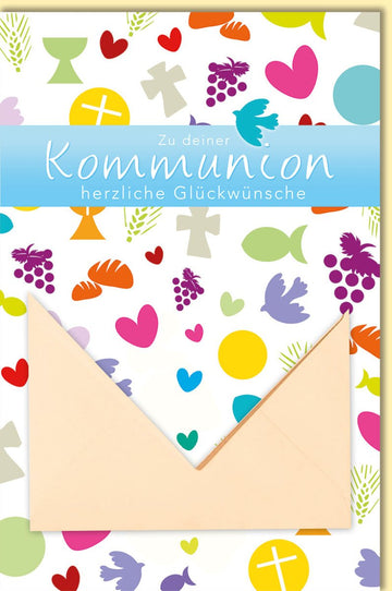 Glückwunschkarte zur Kommunion mit christlichen Symbolen und bunten Motiven Taube Kreuz Kelch Herz modern feierlich