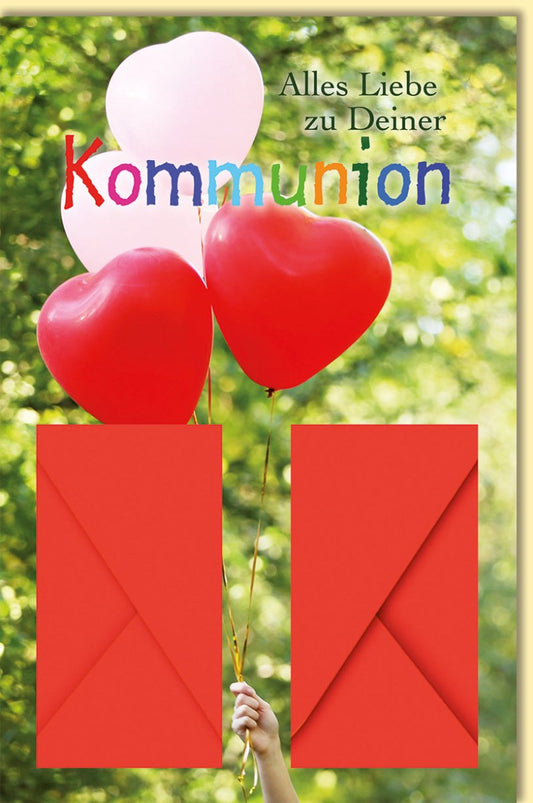 Glückwunschkarte zur Kommunion mit Herzballons im Grünen liebevolle Grußkarte für Kinder Erstkommunion farbenfrohes Design