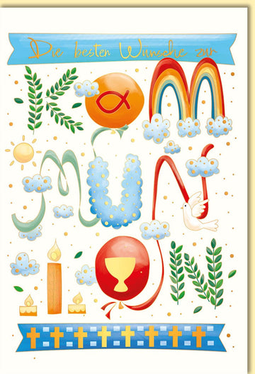 Glückwunschkarte zur Kommunion mit Regenbogen Kelch Taube Fisch christlichen Symbolen und liebevoll buntem Design für Kinder