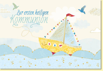 Glückwunschkarte zur Kommunion mit Segelboot und christlichen Symbolen liebevoll gestaltet für Mädchen und Jungen hochwertige Doppelkarte