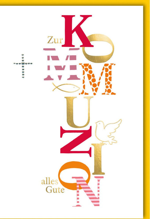 Glückwunschkarte zur Kommunion modern mit Fisch und Taube stilvoller Schriftzug alles Gute religiöse Doppelkarte für Kinder