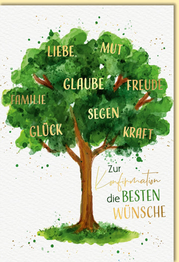 Glückwunschkarte zur Konfirmation Baum des Lebens mit Wünschen wie Liebe Glaube Segen Familie Kraft und Glück moderne Doppelkarte