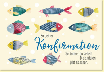 Glückwunschkarte zur Konfirmation mit bunten Fischen und inspirierendem Spruch hochwertige Doppelkarte für Jugendliche