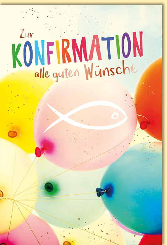 Glückwunschkarte zur Konfirmation mit bunten Luftballons und christlichem Fischsymbol farbenfrohe Doppelkarte für Konfirmanden