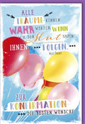 Glückwunschkarte zur Konfirmation mit bunten Luftballons und inspirierendem Walt Disney Zitat für Mädchen und Jungen
