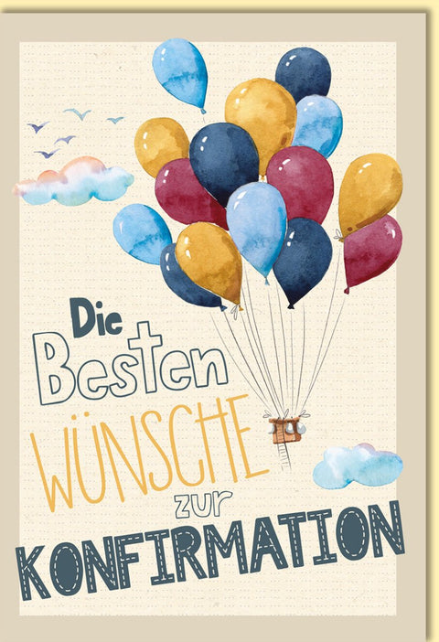 Glückwunschkarte zur Konfirmation mit bunten Luftballons und Wolken im Aquarellstil für persönliche Grüße und Wünsche