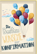 Glückwunschkarte zur Konfirmation mit bunten Luftballons und Wolken im Aquarellstil für persönliche Grüße und Wünsche
