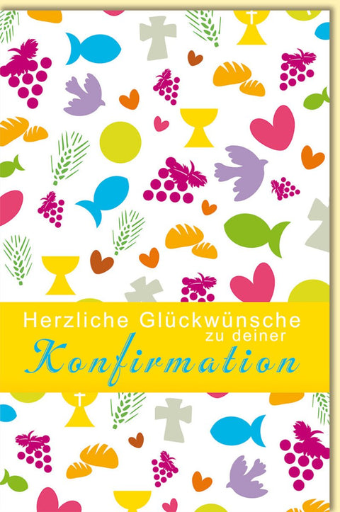 Glückwunschkarte zur Konfirmation mit christlichen Symbolen Fische Kreuze Kelche bunte Motive und Schriftzug Herzliche Glückwünsche