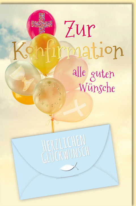 Glückwunschkarte zur Konfirmation mit christlichen Symbolen und bunten Luftballons liebevolle Karte mit Umschlag für herzliche Wünsche