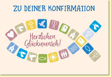 Glückwunschkarte zur Konfirmation mit christlichen Symbolen und Fischen in Pastellfarben für Jungen und Mädchen feierliche Grußkarte