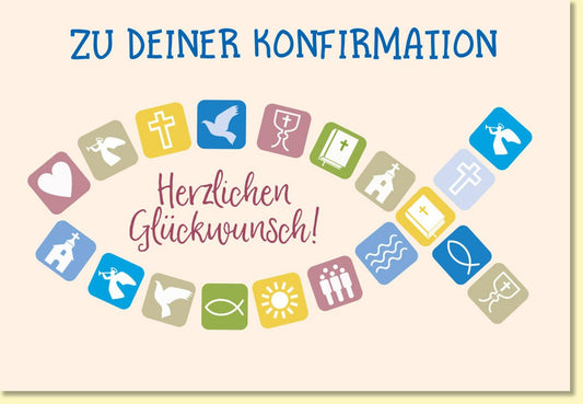 Glückwunschkarte zur Konfirmation mit christlichen Symbolen und Fischen in Pastellfarben für Jungen und Mädchen feierliche Grußkarte