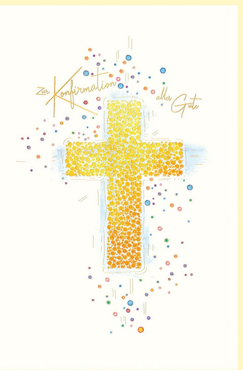Glückwunschkarte zur Konfirmation mit gelbem Kreuz und bunten Punkten moderne Grußkarte religiös für Jungen und Mädchen