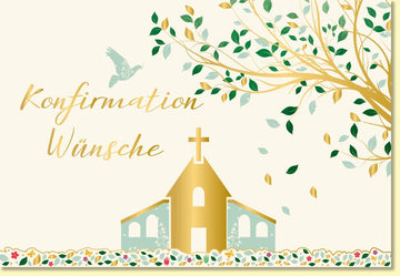 Glückwunschkarte zur Konfirmation mit goldener Kirche und Baum edles Design Konfirmationskarte Doppelkarte religiöse Glückwünsche