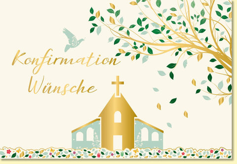 Glückwunschkarte zur Konfirmation mit goldener Kirche und Baum edles Design Konfirmationskarte Doppelkarte religiöse Glückwünsche