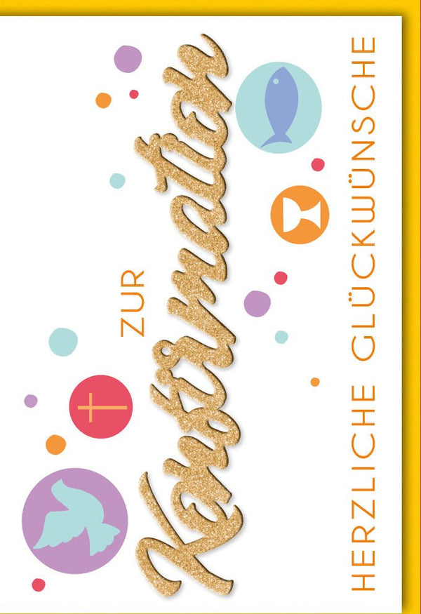 Glückwunschkarte zur Konfirmation mit goldener Schrift und christlichen Symbolen moderne Doppelkarte für persönliche Glückwünsche