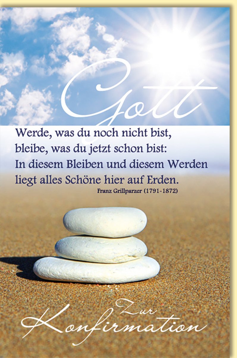 Glückwunschkarte zur Konfirmation mit inspirierendem Franz Grillparzer Zitat und Steinen am Strand modernes Design spirituelle Doppelkarte