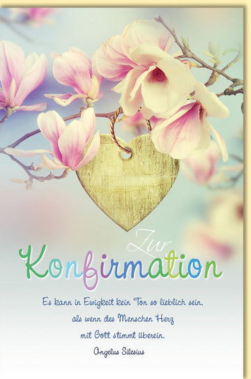 Glückwunschkarte zur Konfirmation mit Magnolien und Herzanhänger inspirierender Spruch stilvolle Doppelkarte für feierliche Glückwünsche
