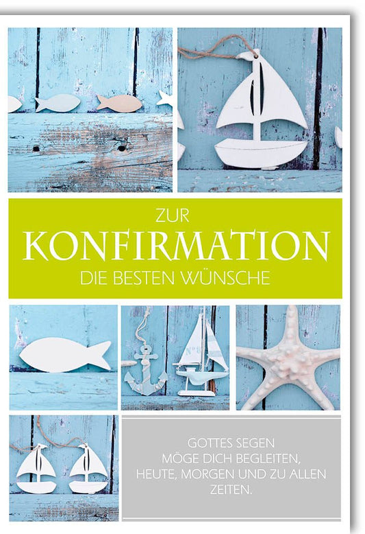 Glückwunschkarte zur Konfirmation mit maritimen Motiven Segelboot Fisch Stern Gottes Segen moderne Doppelkarte blau grün