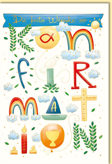 Glückwunschkarte zur Konfirmation mit Regenbogen Taube Kelch Kreuz und christlichen Symbolen für besondere Segenswünsche