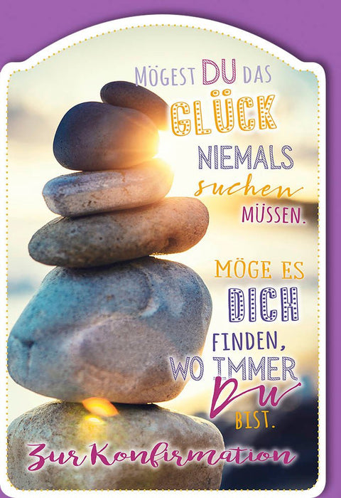 Glückwunschkarte zur Konfirmation mit Steinturm und Sonnenlicht inspirierender Spruch modernes Design hochwertige Doppelkarte für Jugendliche
