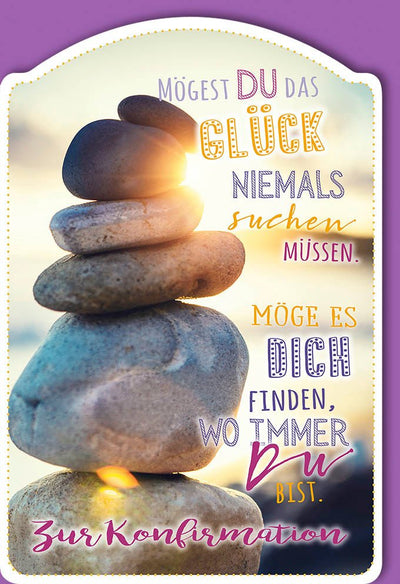 Glückwunschkarte zur Konfirmation mit Steinturm und Sonnenlicht inspirierender Spruch modernes Design hochwertige Doppelkarte für Jugendliche
