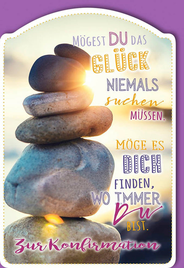 Glückwunschkarte zur Konfirmation mit Steinturm und Sonnenlicht inspirierender Spruch modernes Design hochwertige Doppelkarte für Jugendliche