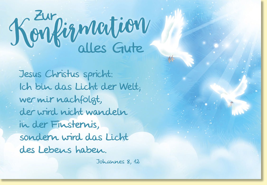 Glückwunschkarte zur Konfirmation mit Tauben und Bibelvers Johannes 8 12 religiöse Doppelkarte für Jungen und Mädchen himmlisches Design