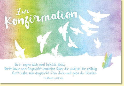Glückwunschkarte zur Konfirmation mit Tauben und Regenbogen Aquarell christlicher Segensspruch moderne Doppelkarte