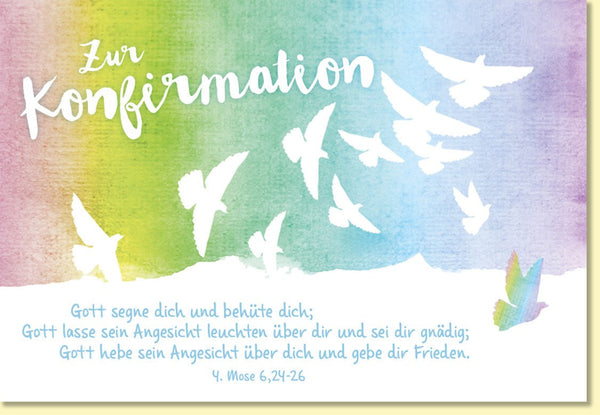 Glückwunschkarte zur Konfirmation mit Tauben und Regenbogen Aquarell christlicher Segensspruch moderne Doppelkarte
