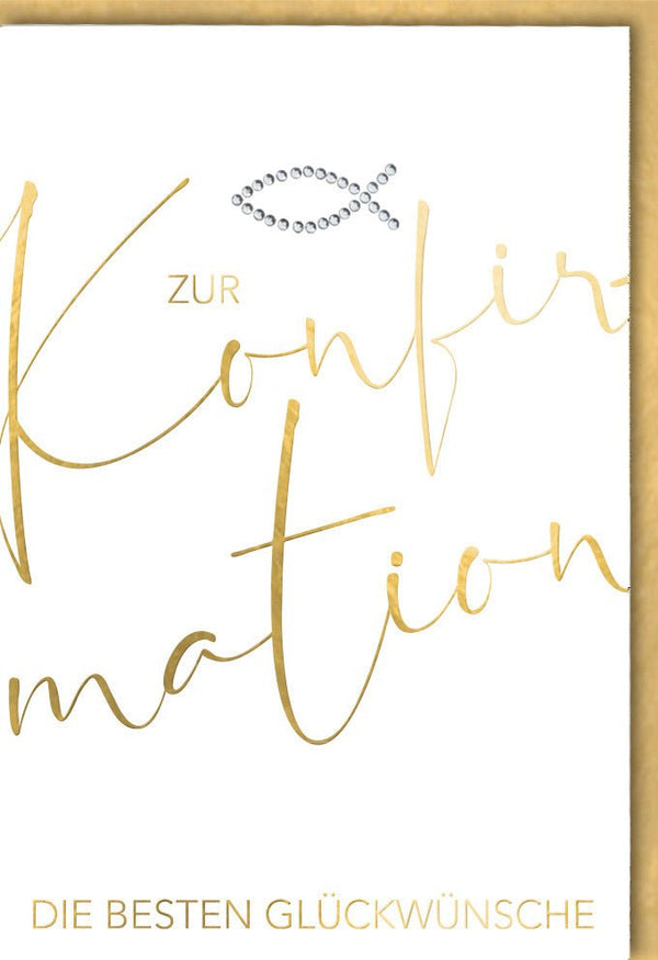 Glückwunschkarte zur Konfirmation - Stilvolles Design mit Goldfolienprägung auf Naturkarton, ideal für kirchliche Feierlichkeiten und Segenswünsche.